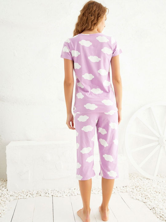 Siyah Inci Summer Women's Pyjama Set Cotton Lilac