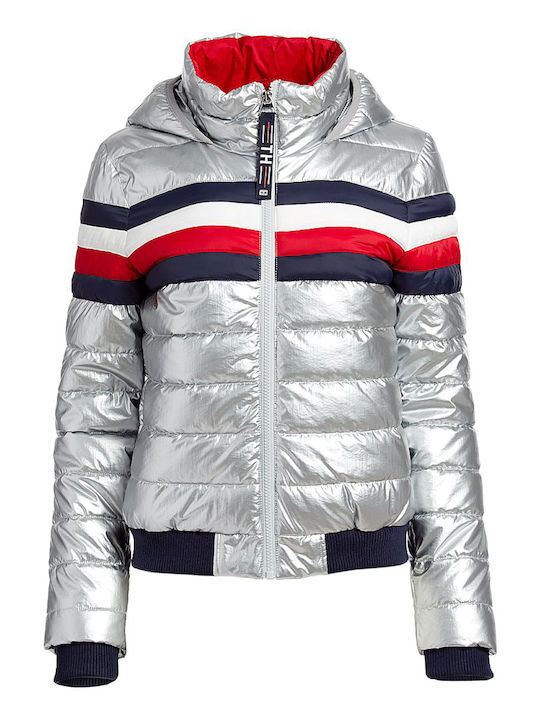 Women's Short Puffer Jacket for Winter Sil