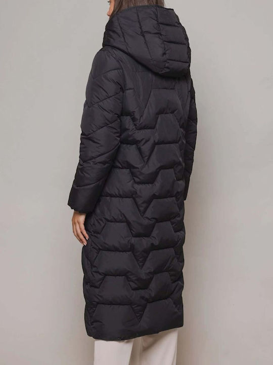 Women's Long Puffer Jacket for Winter with Hood Black