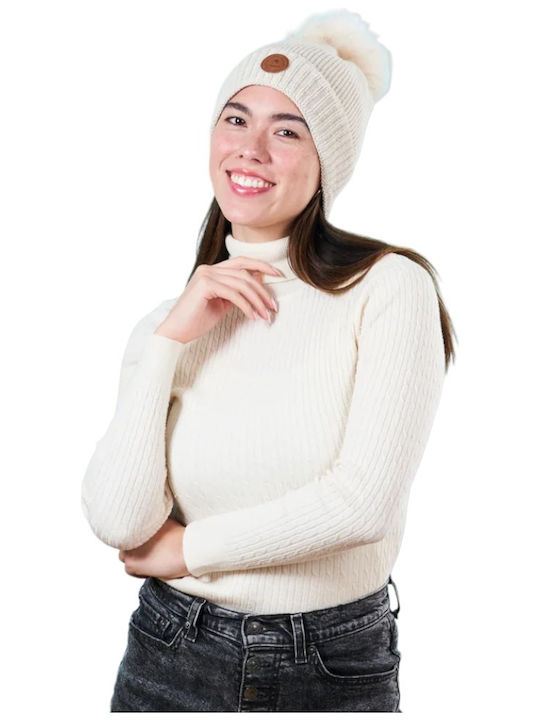 Cabaia Pom Pom Beanie Unisex Fleece Beanie Knitted in Ecru color