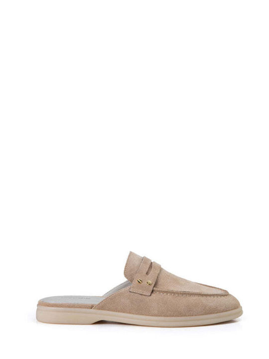 Makris Leder Mules mit Wohnung Absatz in Beige Farbe