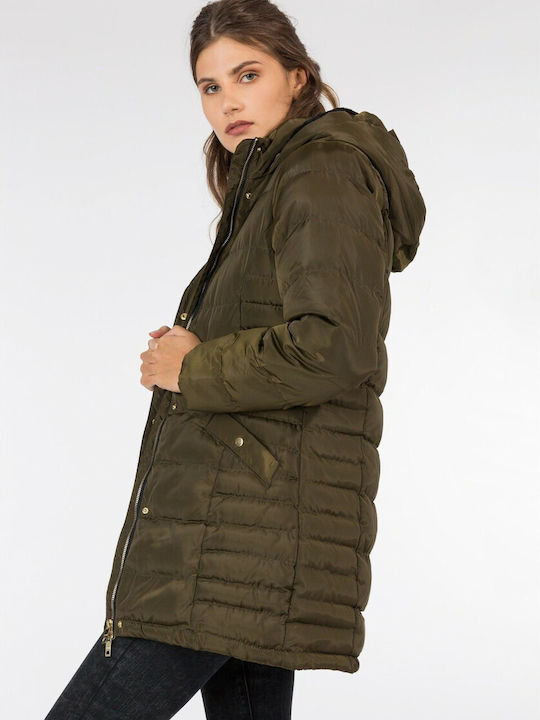 Tiffosi Women's Long Puffer Jacket for Winter with Hood Khaki