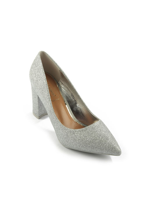 Fshoes Synthetic Leather Pointed Toe Silver Heels