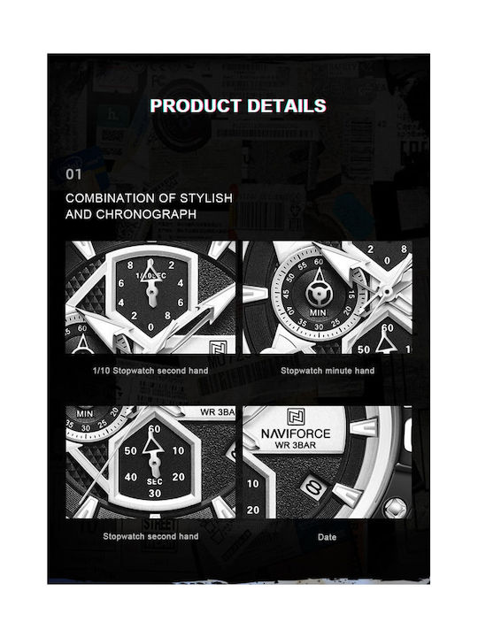Naviforce Men's Watch 14mm Chronograph Battery with Black Rubber Strap