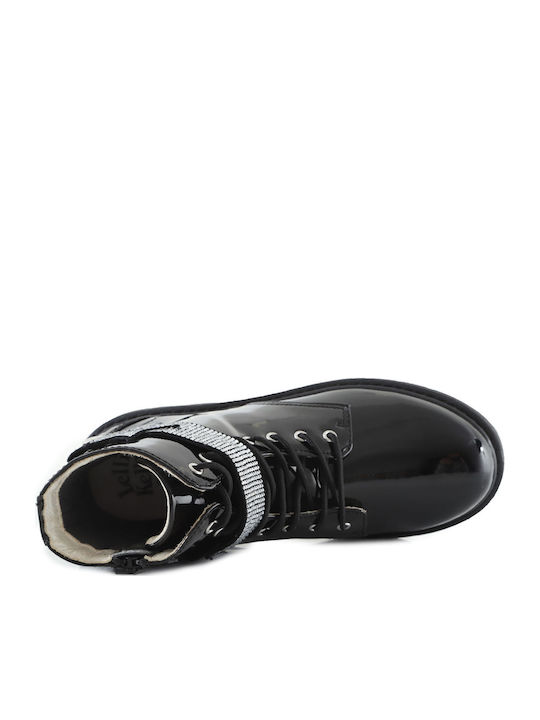 Vernice Kids Boots from Patent Leather with Laces Black