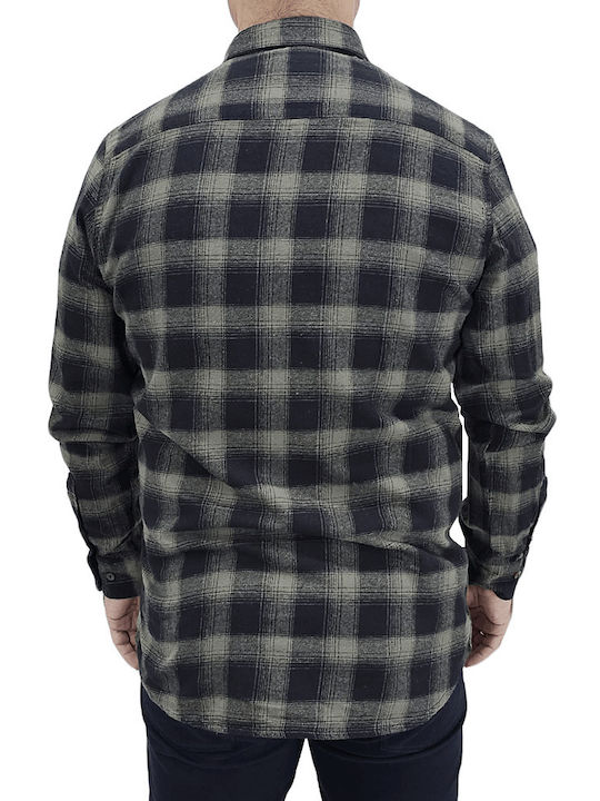 Double Men's Shirt Long Sleeve Flannel Checked Black/Khaki