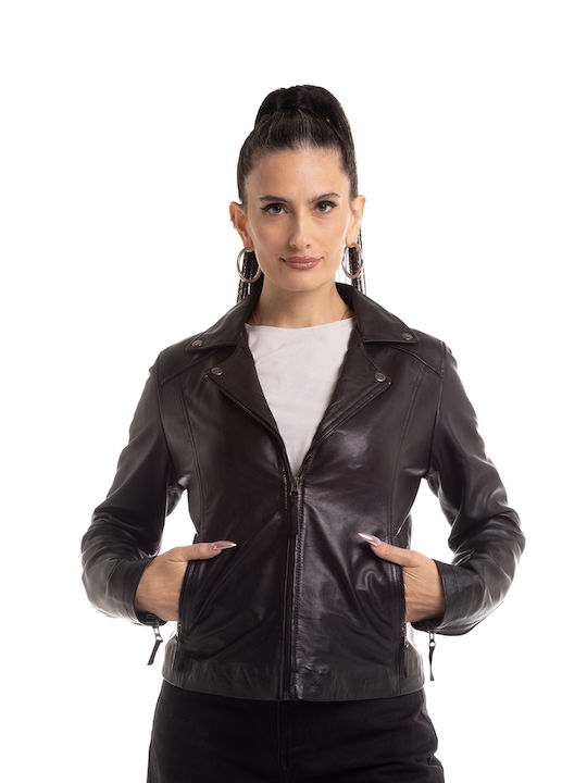 Δερμάτινα 100 Women's Short Biker Leather Jacket for Winter Black