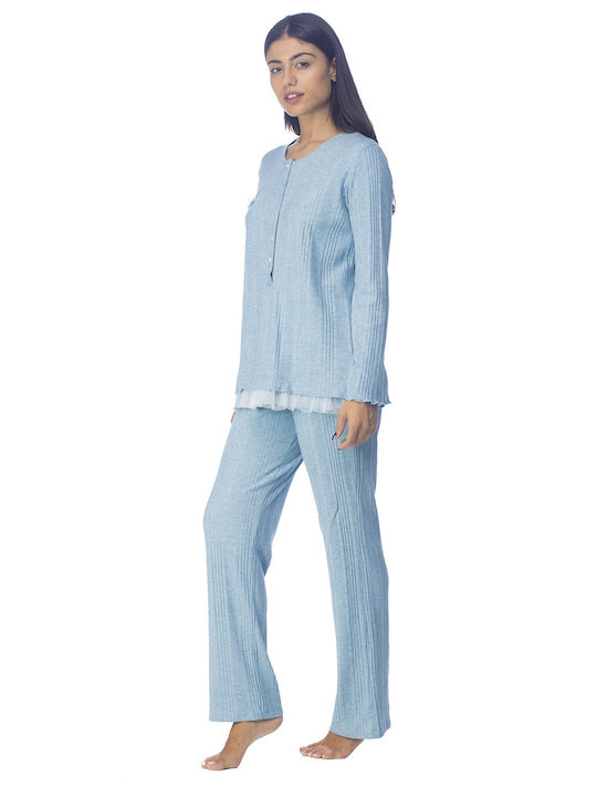 Zaboo Damen Winter Pyjamas mit offenem Ausschnitt und Knopfleiste-ZB1088 Blau