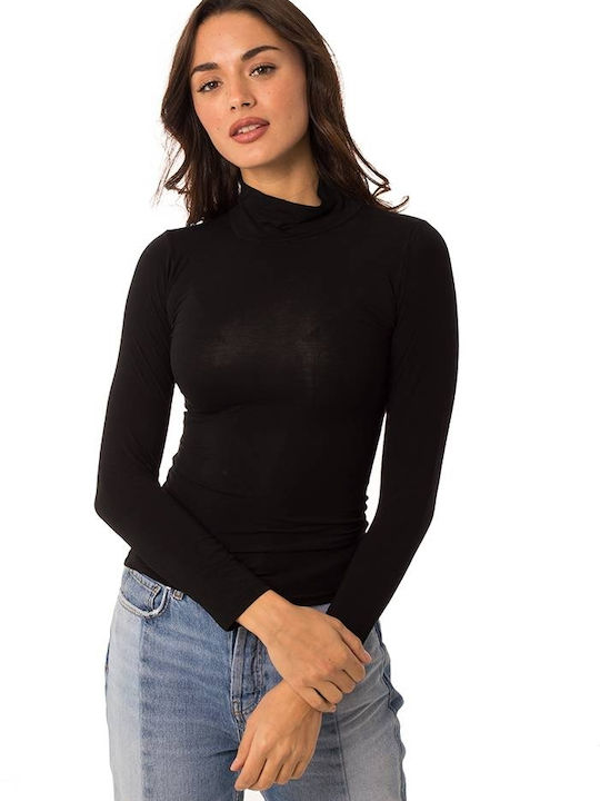 Comfort Langärmelig Schwarz Damen T-Shirt Rollkragen