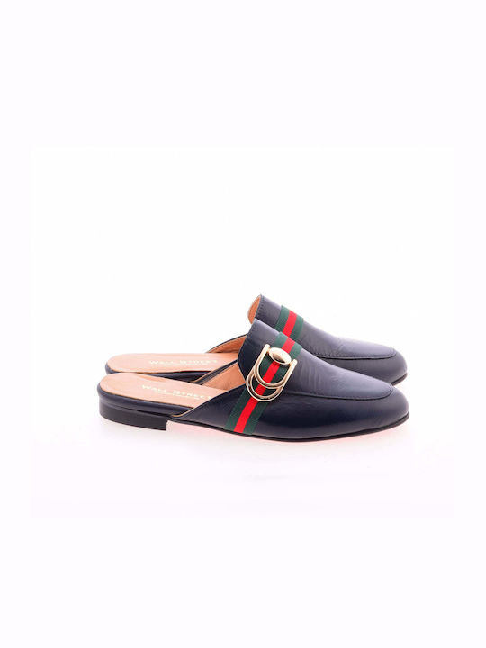 Wall Street Flat Leather Mules Blue