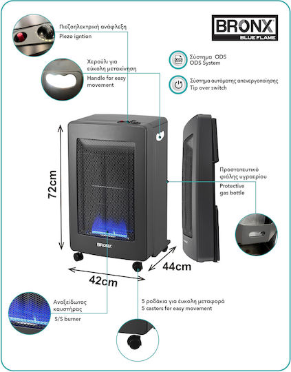 Home & Camp Bronx Κεραμική Σόμπα Υγραερίου 1500W Μαύρη 42x44x72cm