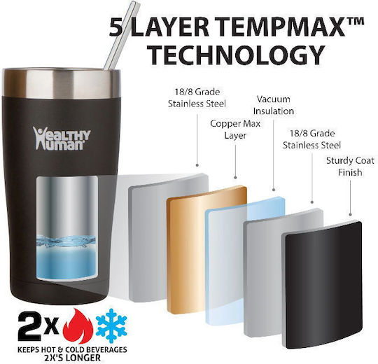 Healthy Human Cruiser Glass Thermos Stainless Steel BPA Free 591ml Black Onyx with Straw