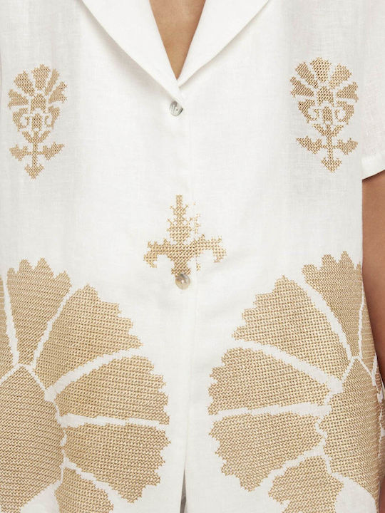 Greek Archaic Kori Women's Linen Short Sleeve Shirt White/Gold.