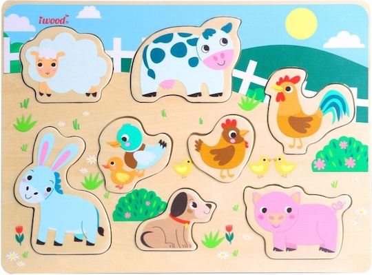 Ξύλινο Παιδικό Puzzle Σφηνώματα Farm Animal για 1+ Ετών 9pcs iwood
