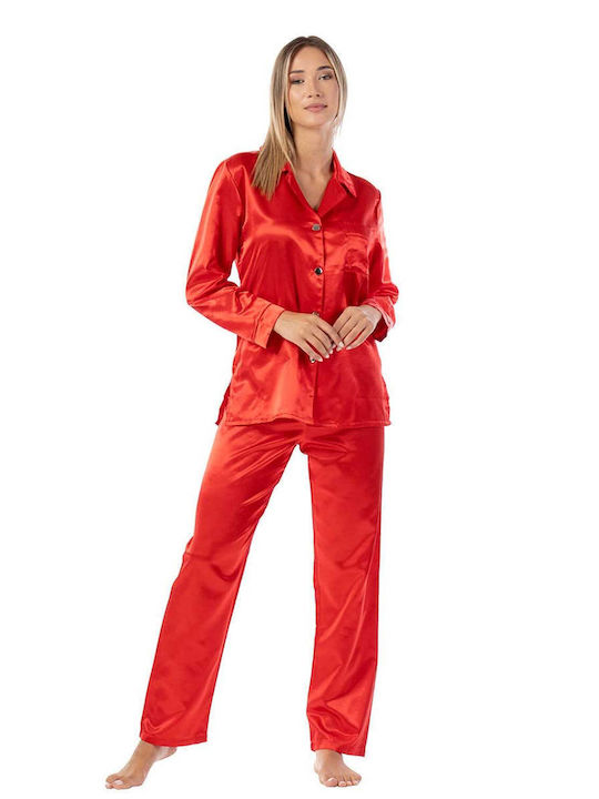 Secret Point Winter Damen Pyjama-Set Satin Rot