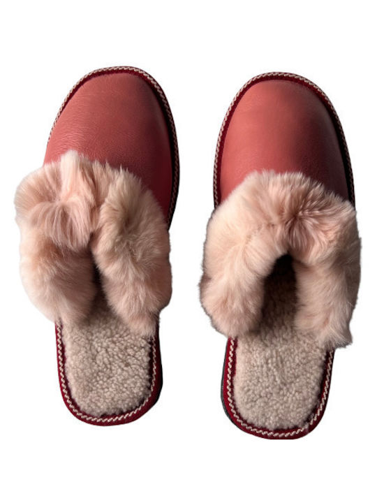 Leatherland Winter Women's Slippers with fur in Pink color