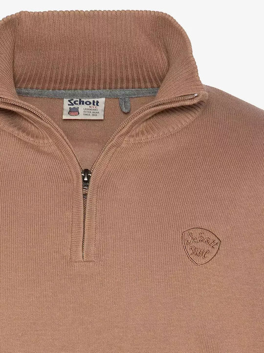 Schott Herren Shirt Langarm Ausschnitt mit Reißverschluss Camel