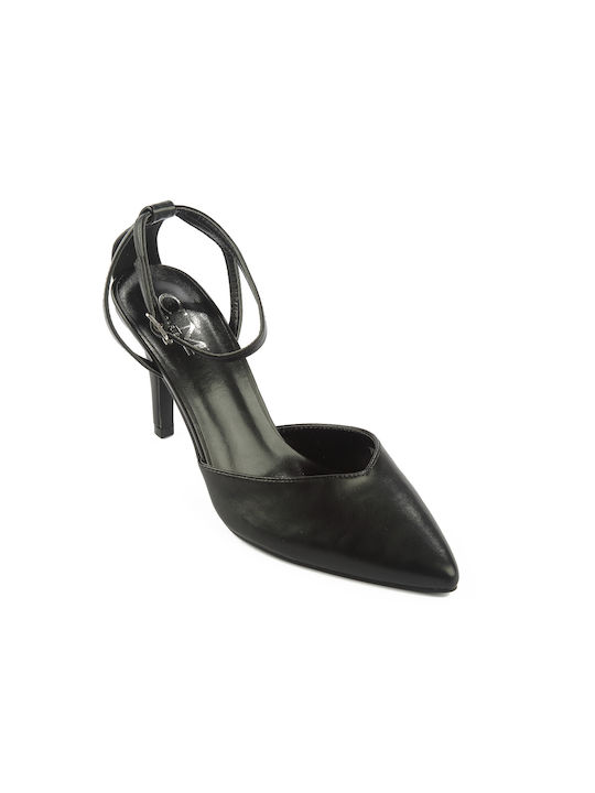 Fshoes Synthetic Leather Pointed Toe Black Heels with Strap