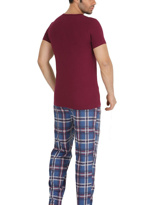 Teknur Men's Summer Cotton Checked Pajamas Set Red 30522