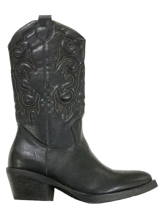 Ustyle Synthetic Leather Medium Heel Cowboy Boots with Zipper Black