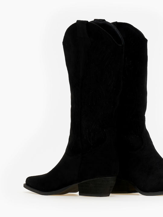 Bellucci Suede Cowboy Boots with Zipper Black