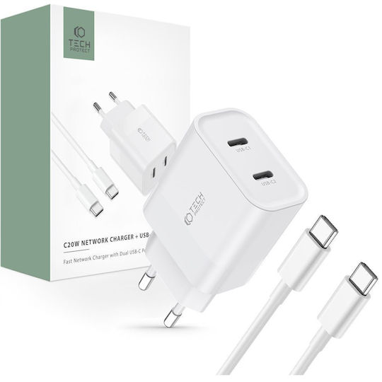 Tech-Protect Ladegerät mit 2 USB-C Anschlüsse und Kabel USB-C 20W Stromlieferung Weißs (C20W)