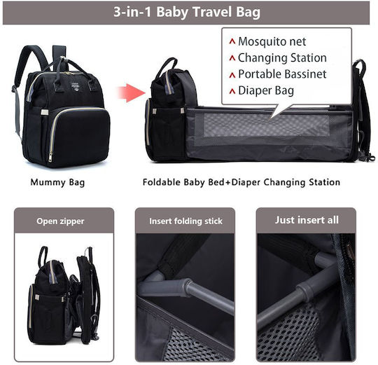 Queen Mother Diaper/Crib Backpack Black 42x30x23cm.
