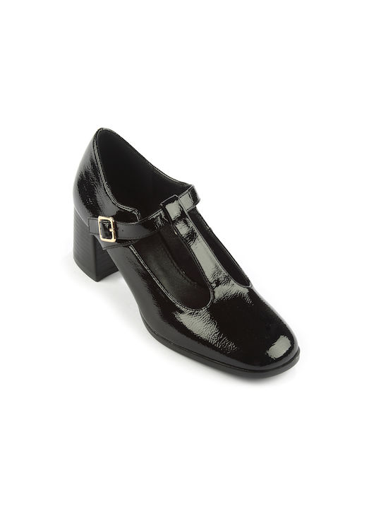 Fshoes Patent Leather Black Medium Heels with Strap