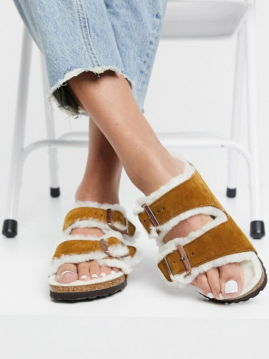 Arizona Shearling Anatomical Women's Slippers with Fur Brown Narrow Fit