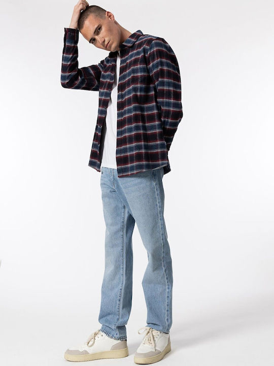 Long Sleeve Cotton Overshirt in Regular Fit Checked Navy Blue