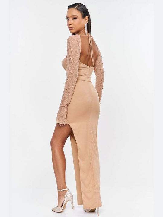 Maxi Evening Dress with Mesh Beige