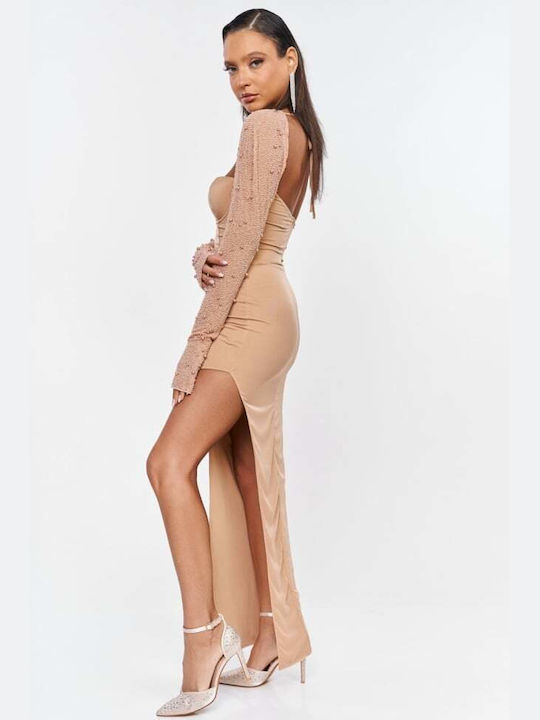 Maxi Evening Dress with Mesh Beige
