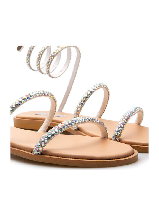 Leder Flache Sandalen für Damen in Silber Farbe
