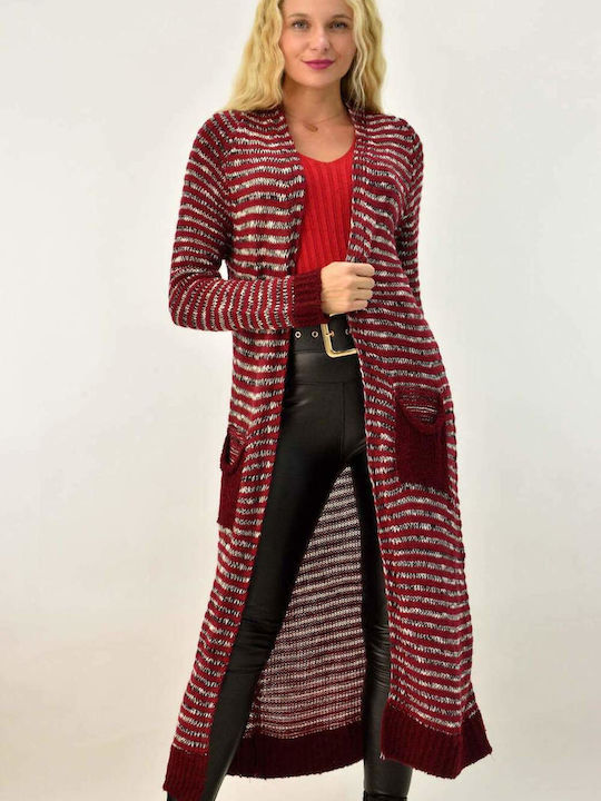 Caroon Long Women's Knitted Cardigan Burgundy