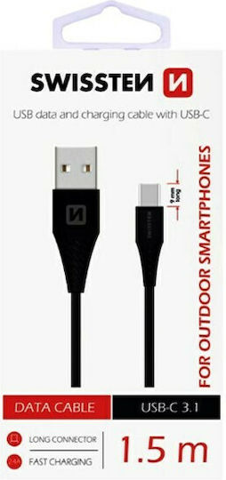Swissten Braided USB 2.0 Cable USB-C male - USB-A 60W Μαύρο 1.5m 71541010