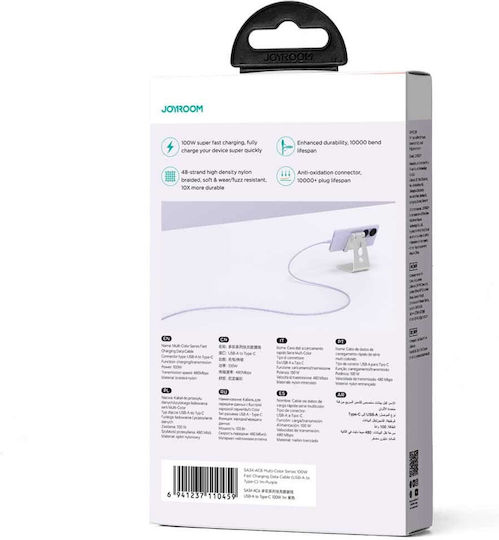 Joyroom Multi-Color Series Sa34-ac6 USB 2.0 Cable USB-C Male - USB-A 100W PD Purple 1m