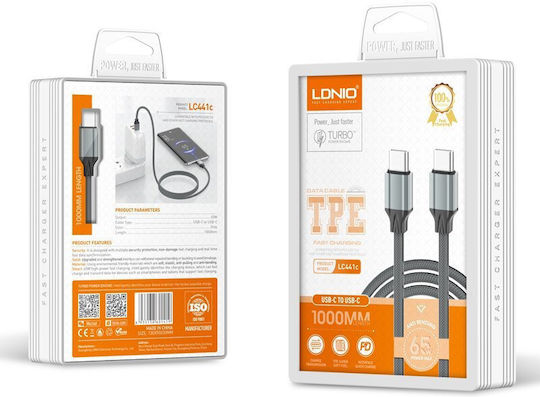 Ldnio LC441 USB 2.0 Cable USB-C male - USB-C 65W PD Γκρι 1m