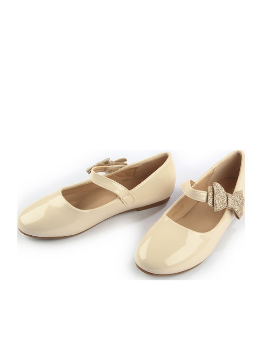 Kids Patent Leather Ballerinas with Hoop & Loop Closure Beige