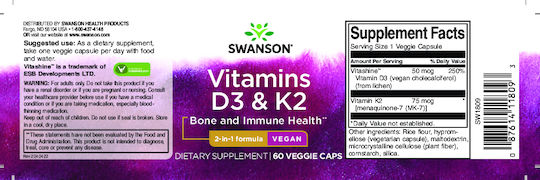 Swanson Vitamins D3 & K2 Βιταμίνη για Ενίσχυση του Ανοσοποιητικού & την Υγεία των Οστών 60 φυτικές κάψουλες
