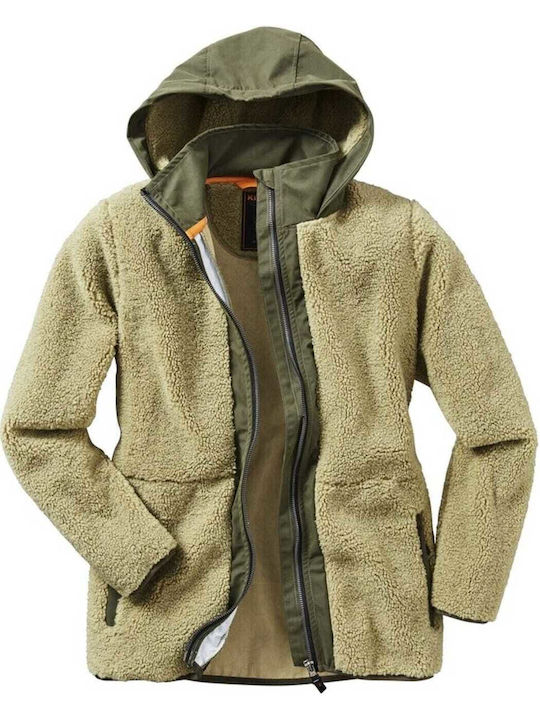 Kinderstrickjacke Fleece mit Kapuze Khaki