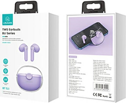 Usams US-BU12 Earbud Bluetooth Handsfree Ακουστικά με Θήκη Φόρτισης Μωβ
