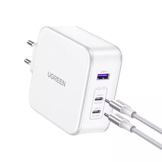 Ugreen Φορτιστής GaN με Θύρα USB-A και 2 Θύρες USB-C και Καλώδιο USB-C 140W Power Delivery Λευκός (Nexode )