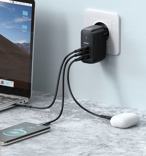 Mcdodo GaN Handyladegerät mit USB-A Ausgangsanschluss und 2 USB-C Ausgangsanschlüsse und Kabel USB-C 65W Stromlieferung Schwarz