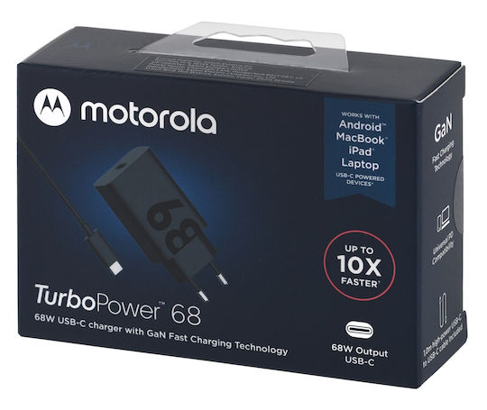 Motorola Φορτιστής GaN με Θύρα USB-C και Καλώδιο USB-C - USB-C 68W Μαύρος (TurboPower)