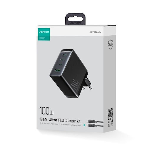 Joyroom Încărcător GaN cu Port USB-A și 3 Porturi USB-C și Cablu USB-C 100W Livrarea Energiei Quick Charge 3.0 Negru (JR-TCG04EU)