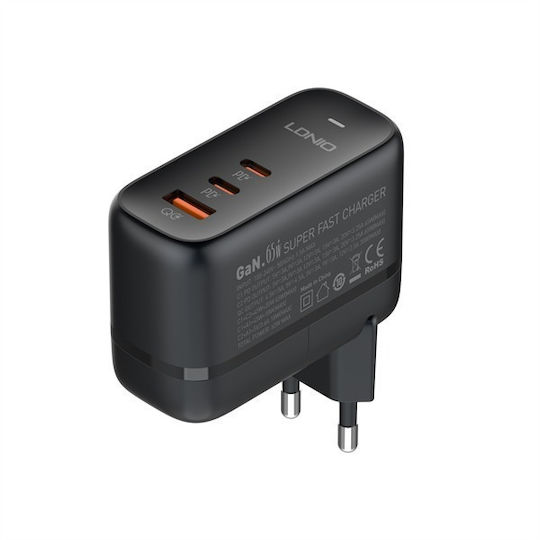 Ldnio Φορτιστής GaN με Θύρα USB-A και 2 Θύρες USB-C και Καλώδιο USB-C - USB-C 65W Quick Charge 3.0 / Power Delivery Μαύρος (Q366)