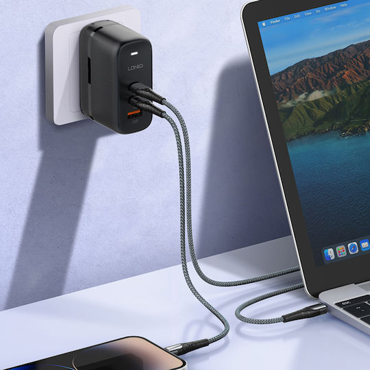 Ldnio Φορτιστής GaN με Θύρα USB-A και 2 Θύρες USB-C και Καλώδιο USB-C - USB-C 65W Quick Charge 3.0 / Power Delivery Μαύρος (Q366)