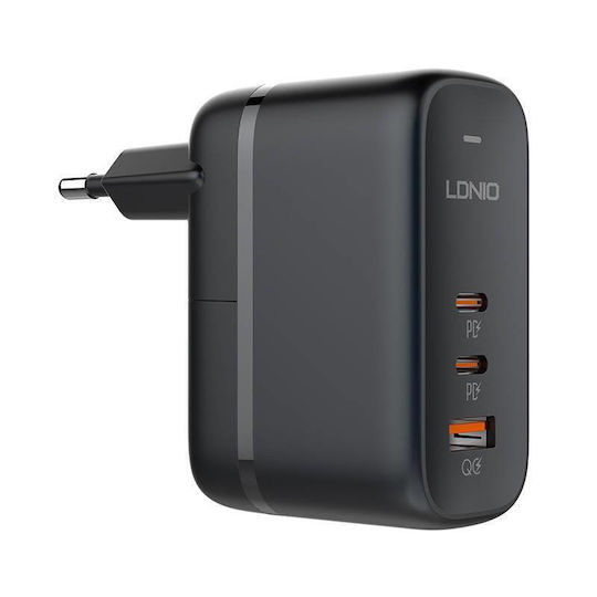 Ldnio Φορτιστής GaN με Θύρα USB-A και 2 Θύρες USB-C και Καλώδιο USB-C - USB-C 65W Quick Charge 3.0 / Power Delivery Μαύρος (Q366)