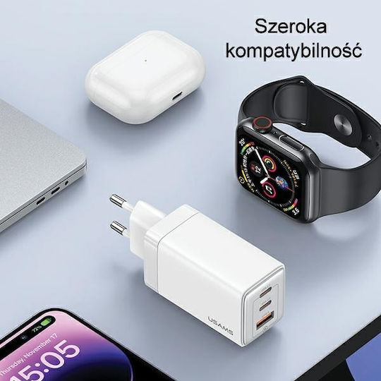 Usams GaN Wireless Charger with USB-A Port and 2 USB-C Output Ports 65W Power Delivery Gradient Purple