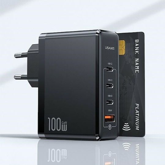 Usams Φορτιστής Χωρίς Καλώδιο GaN με Θύρα USB-A και 3 Θύρες USB-C 100W Power Delivery Μαύρος (CC163TC01)